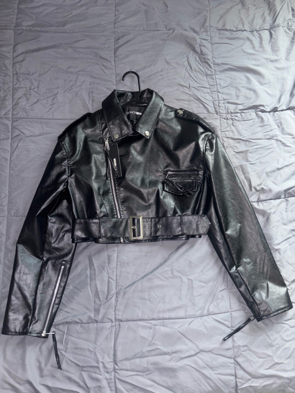 Fashion Nova Black Faux Leather Cropped Moto Jacket - Women